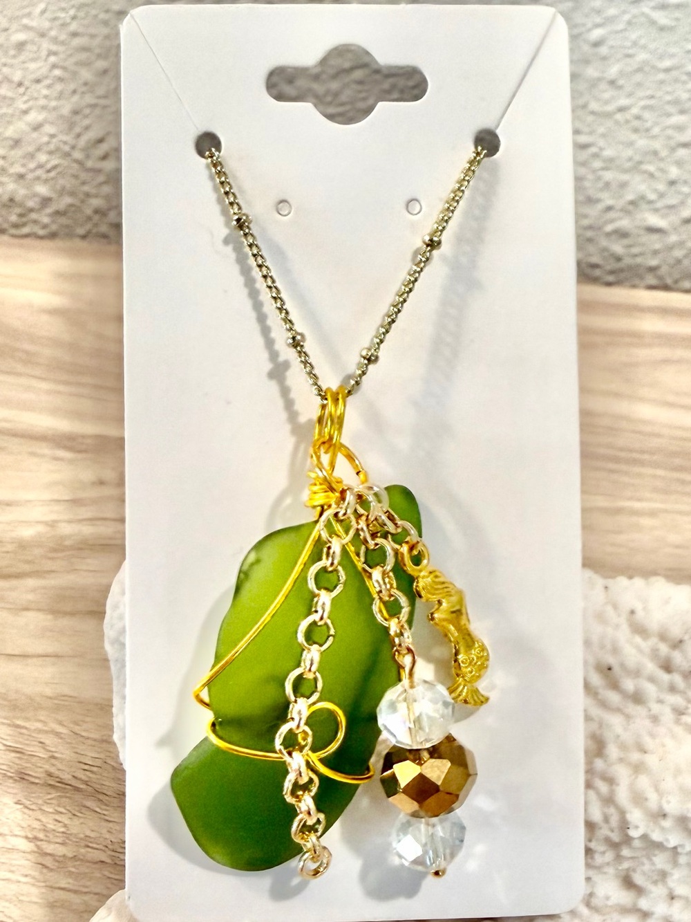 73. Green Sea Glass Pendant Necklace with Crystal Beads and mermaid charms